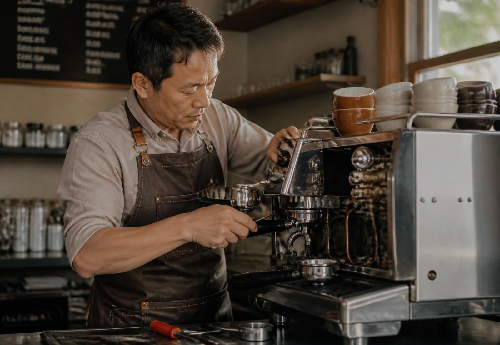 Propietario de una cafetería reparando su máquina de espresso para volver a abrir